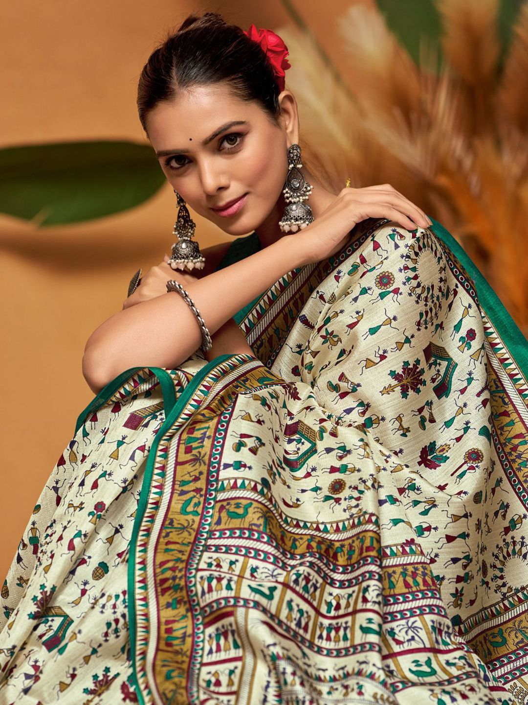 KALINI Warli Art Silk Block Print Saree