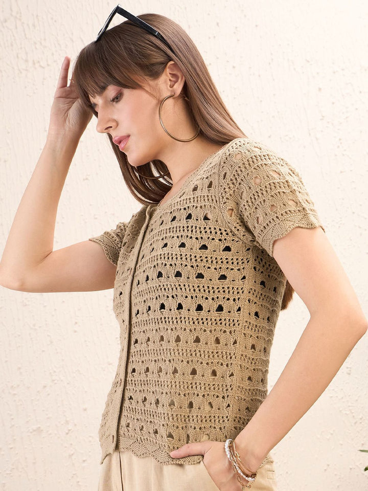 SASSAFRAS Self Design Round Neck Crochet Shirt Style Top