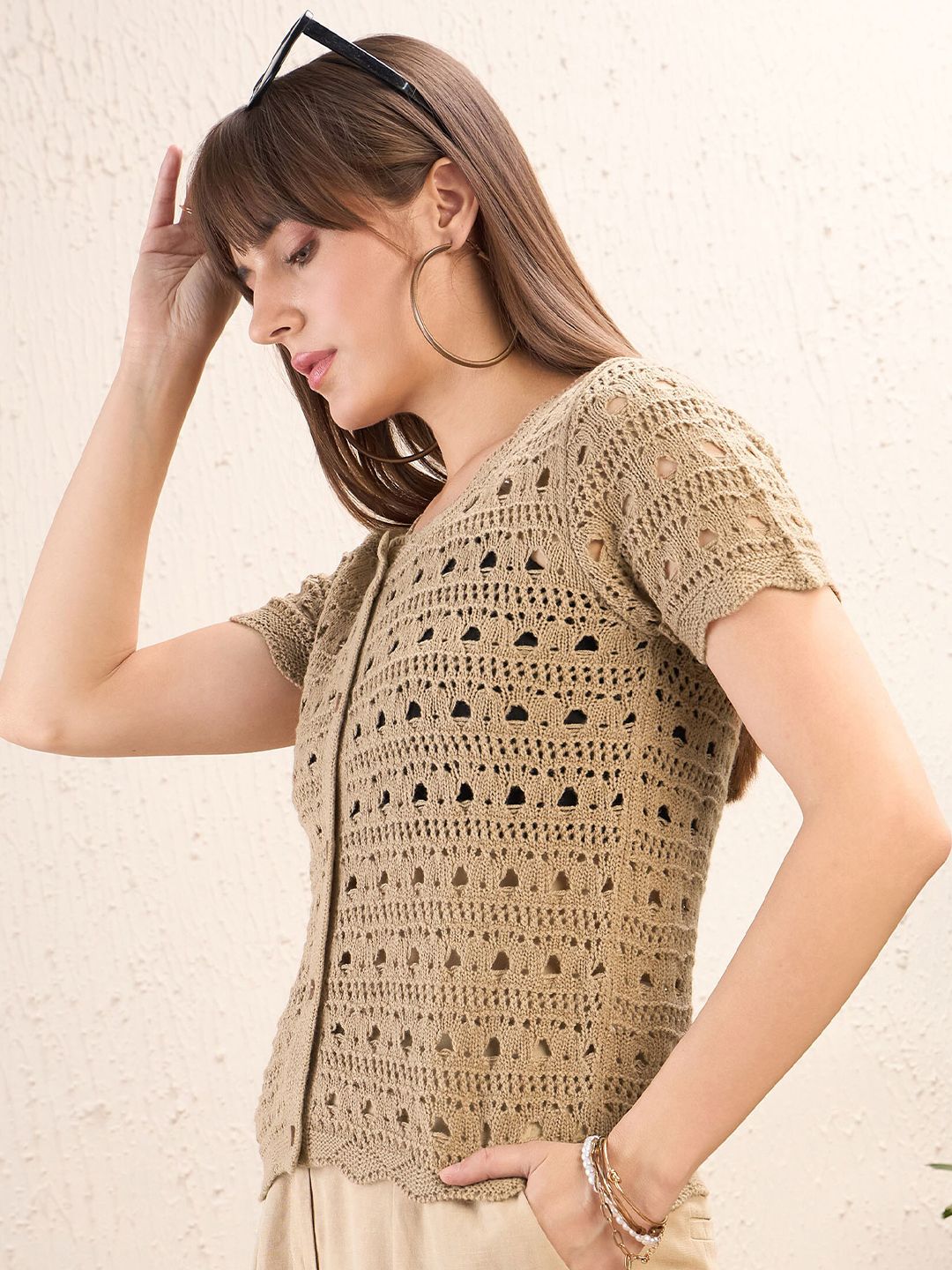 SASSAFRAS Self Design Round Neck Crochet Shirt Style Top