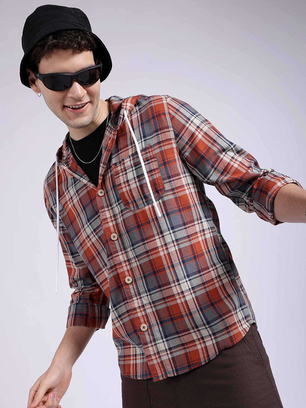 The Indian Garage Co Tartan Checked Hooded Twill Pure Cotton Casual Shirt