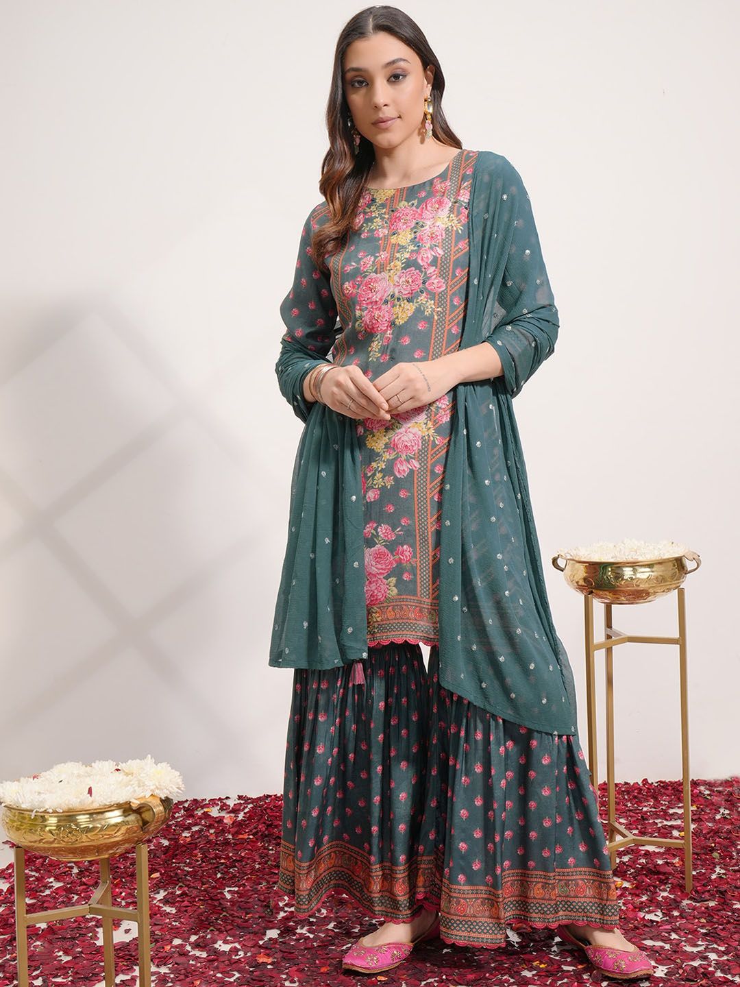 Vishudh Floral Printed Regular Beads and Stones Kurta with Sharara & With Dupatta