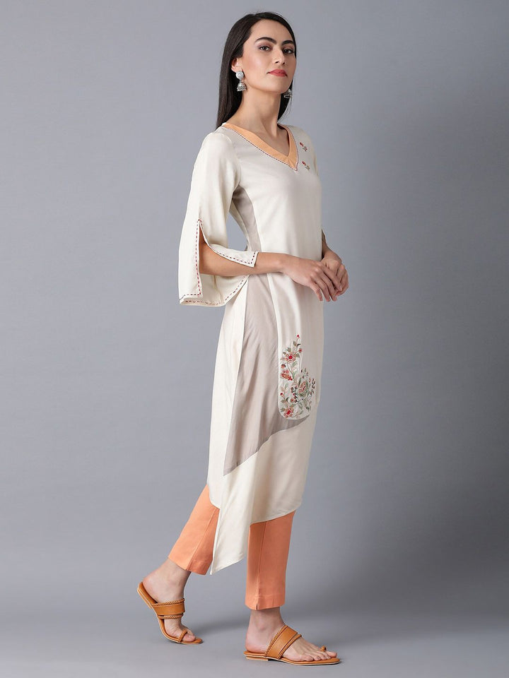 W Women Beige Floral Printed Flared Sleeves Kurta