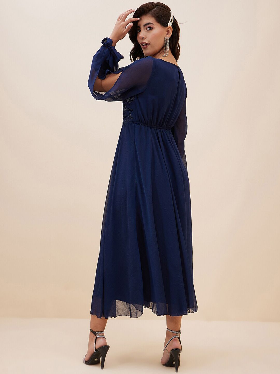 Antheaa Embellished Slit Sleeve Chiffon Fit & Flare Midi Dress