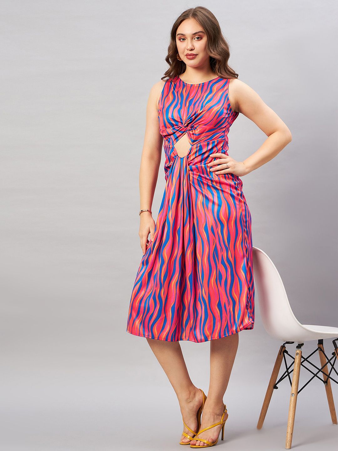 Antheaa Blue Abstract Printed Cut-Out A-Line Midi Dress