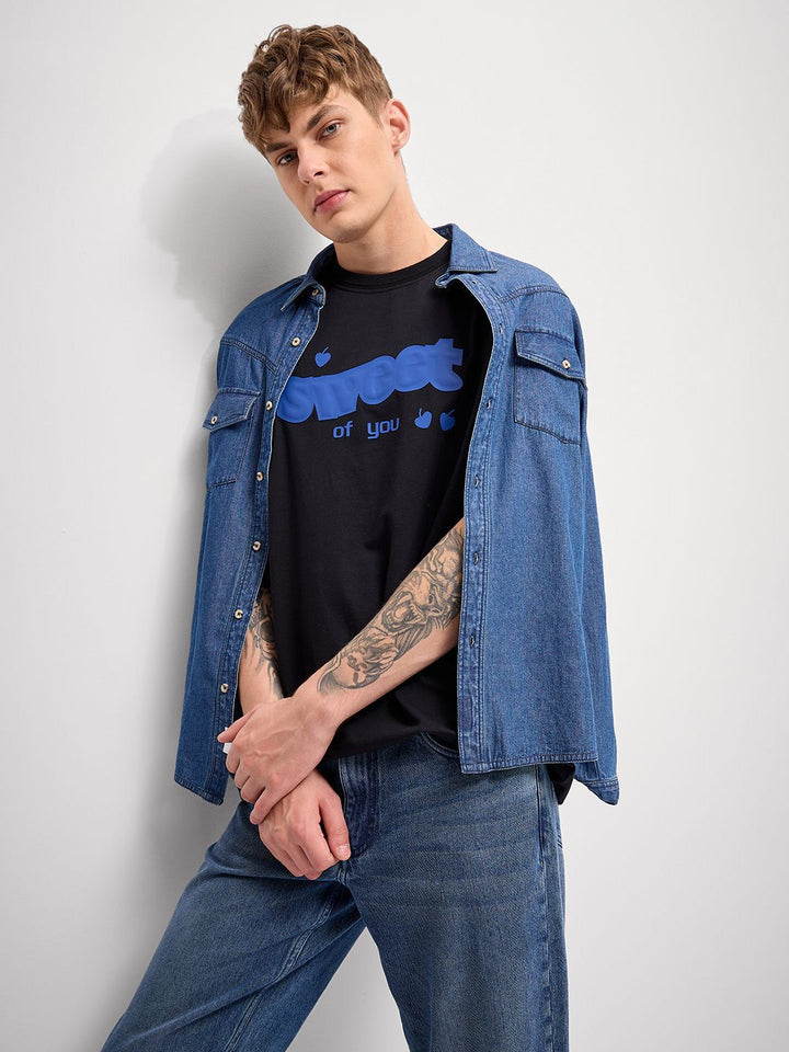 THE BEAR HOUSE Men Typography Printed Round Neck Pure Cotton Oversized T-shirt