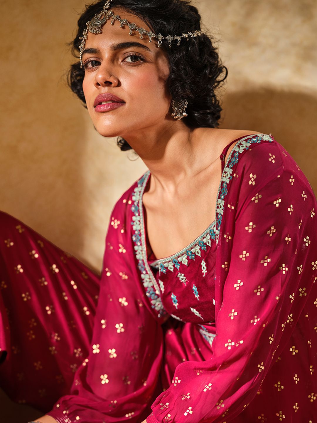 Global Desi Floral Printed Top & Trouser With Shrug Co-Ords