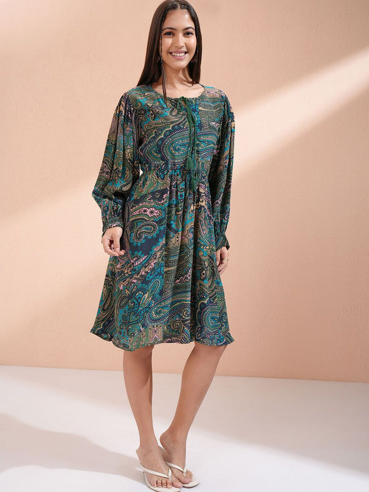 Vishudh Ethnic Motifs Printed Tie-Ups Detail Fit & Flare Dress