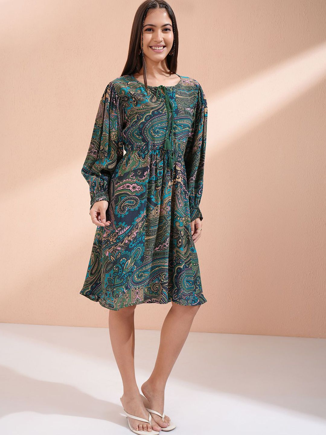 Vishudh Ethnic Motifs Printed Tie-Ups Detail Fit & Flare Dress