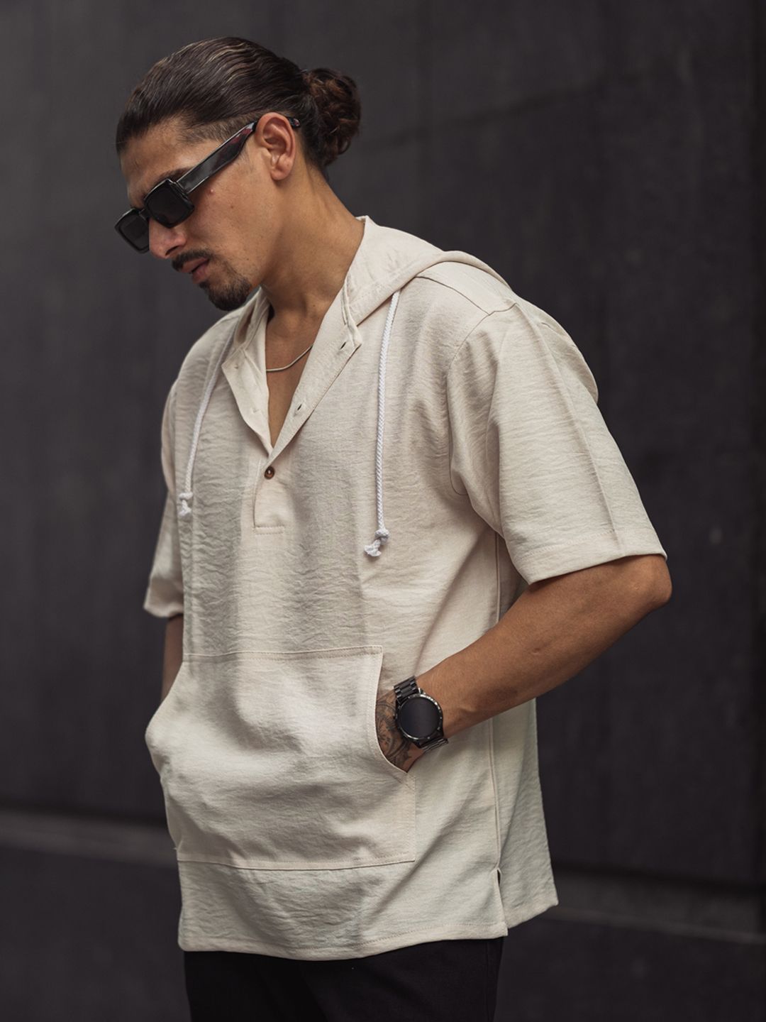 Powerlook Men Hooded Drop-Shoulder Sleeves T-shirt