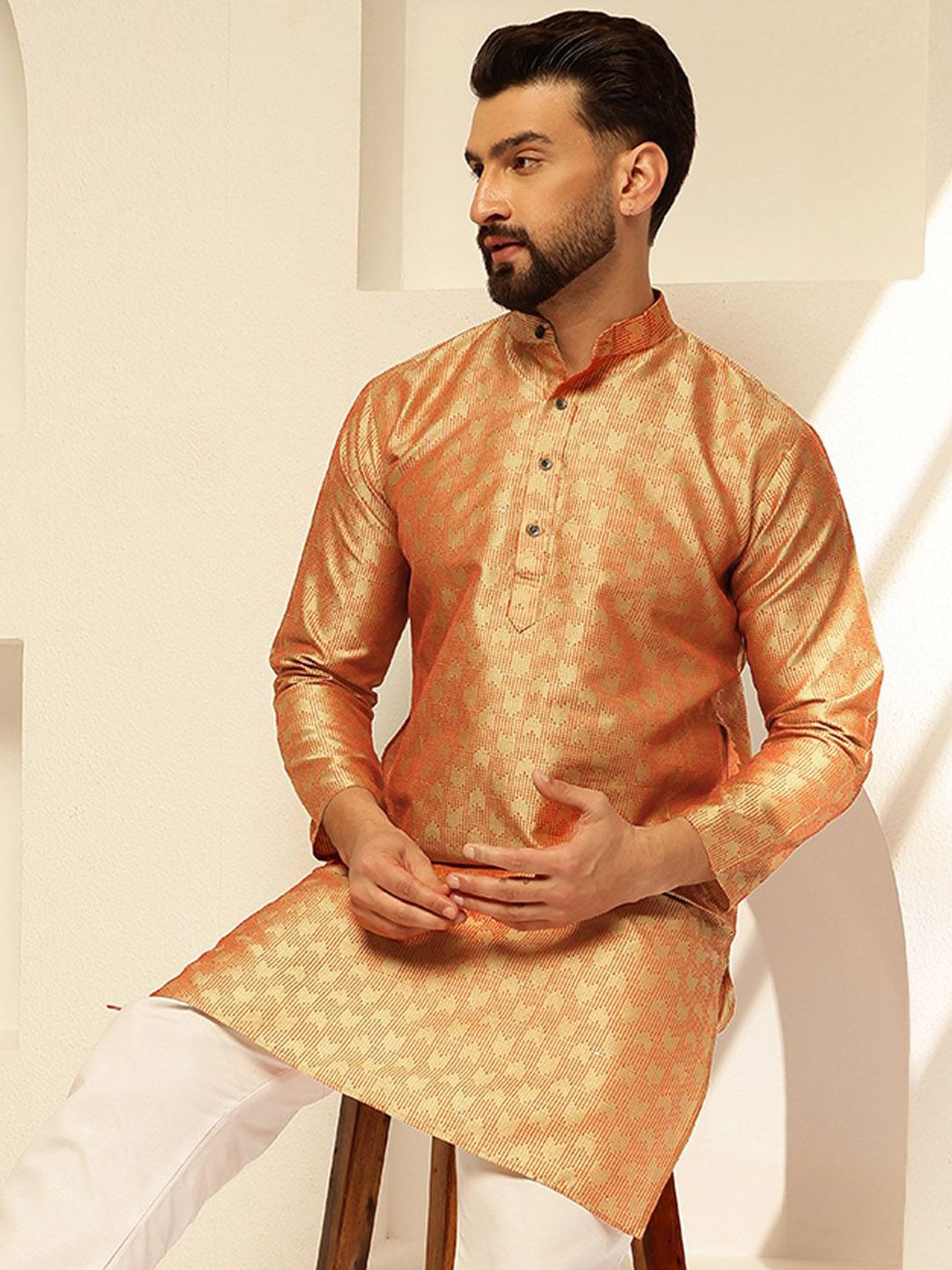 SOJANYA Rekaan Tenunan Kolar Mandarin Kurta Lurus