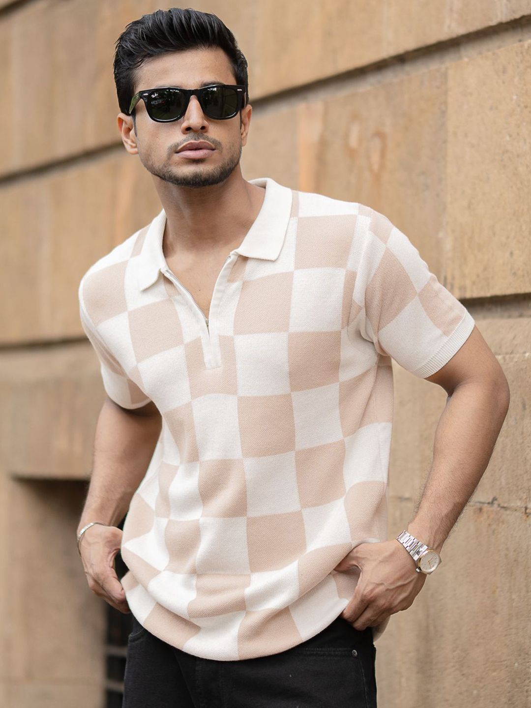 Powerlook Checked Jacquard Contrast Polo Collar Pure Cotton T-shirt