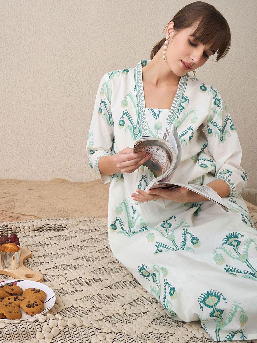 Indo Era Ethnic Motifs Printed V-Neck Pure Cotton A-Line Kurta with Palazzos