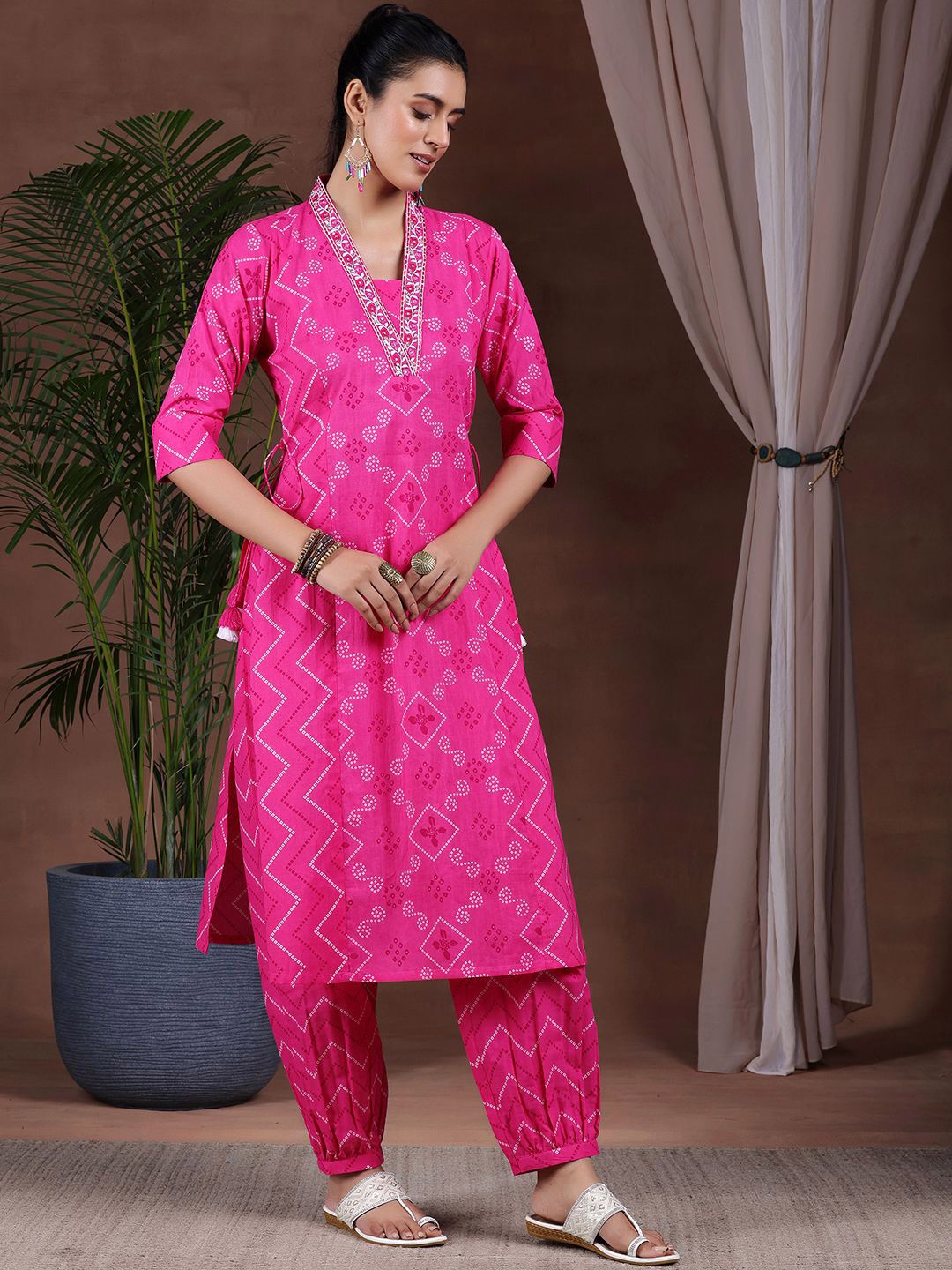 Libas Bandhani Printed V-Neck Pure Cotton A-Line Kurta With Salwar & Dupatta