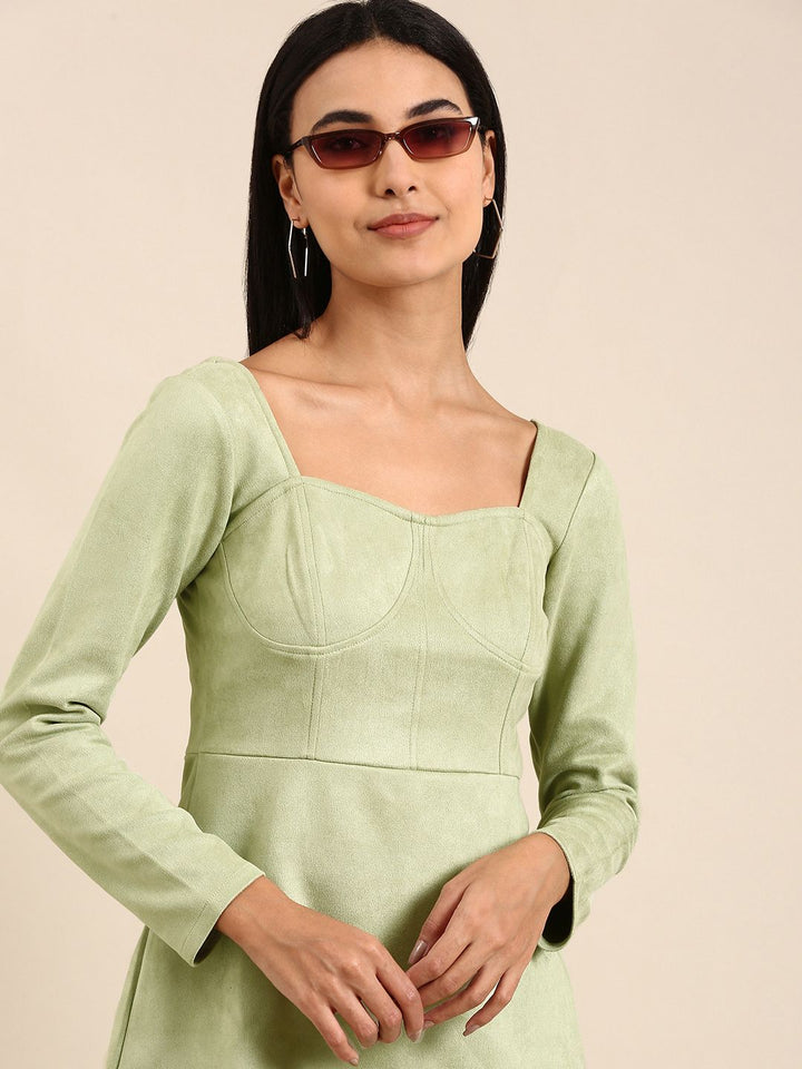 Athena Green Solid Above Knee A-Line Dress