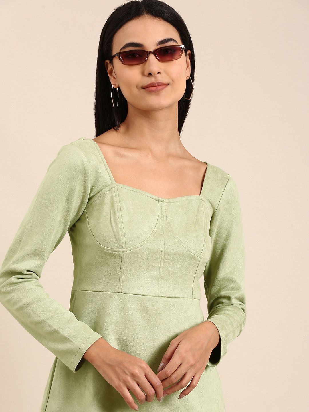 Athena Green Solid Above Knee A-Line Dress