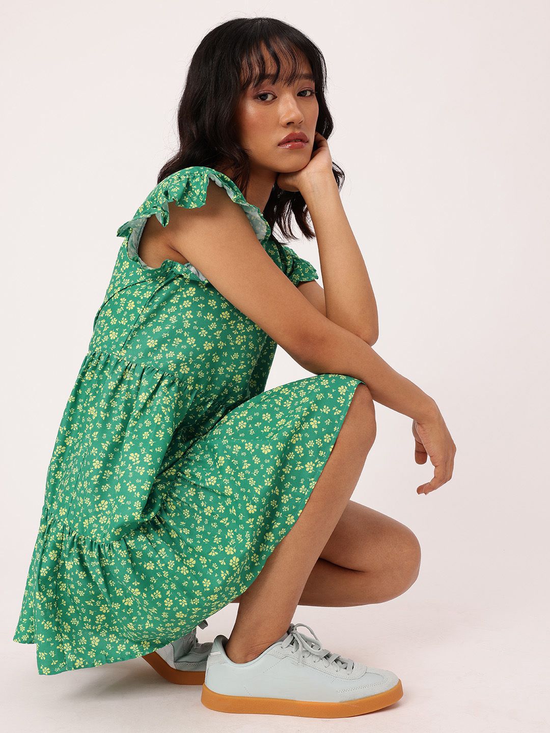 DressBerry Chic Floral Printed Flutter Sleeve Gathered Tiered A-Line Mini Dress