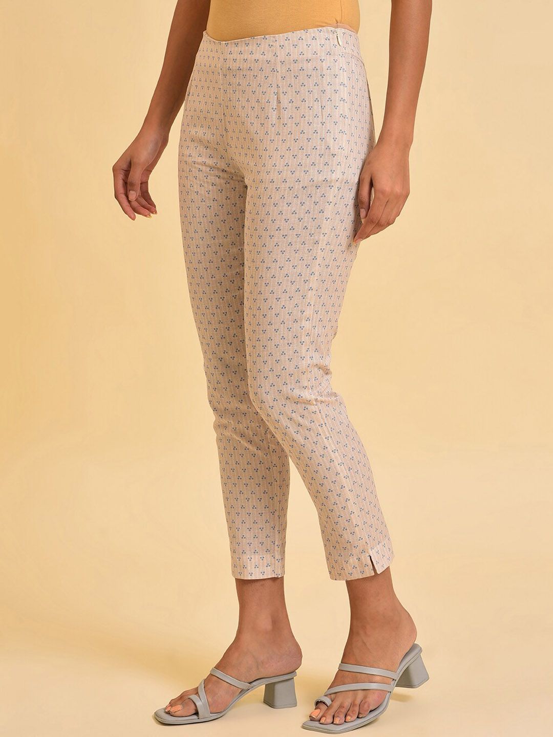 W Women Beige Printed Slim Fit Cigarette Trousers