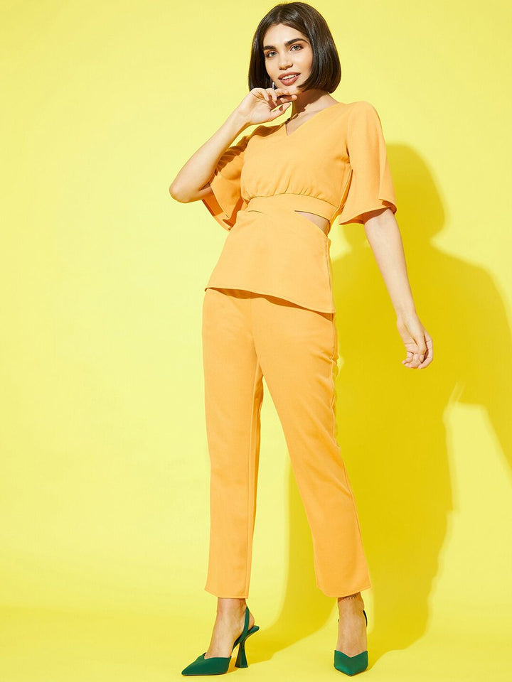 Athena Women Mustard Yellow Solid V-Neck Top and Trousers