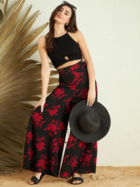 Berrylush Women Black Red Floral Printed Loose Fit High-Rise Parallel Trousers