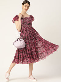 Antheaa Women Floral Printed Fit and Flare Tiered Dress With Smocked Detail