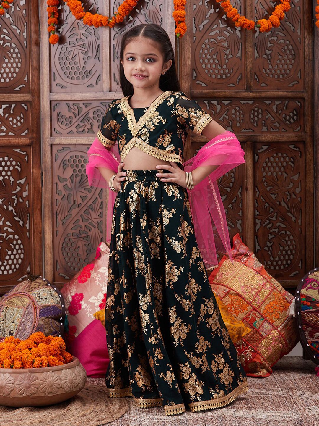 pspeaches Girls Foil Printed Ready to Wear Lehenga Choli With Dupatta
