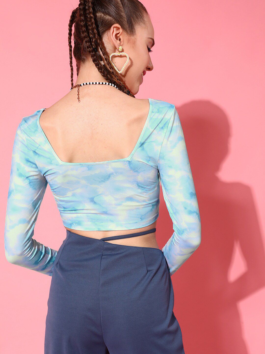 STREET 9 Blue & Lime Green Tie and Dye Print Crop Top