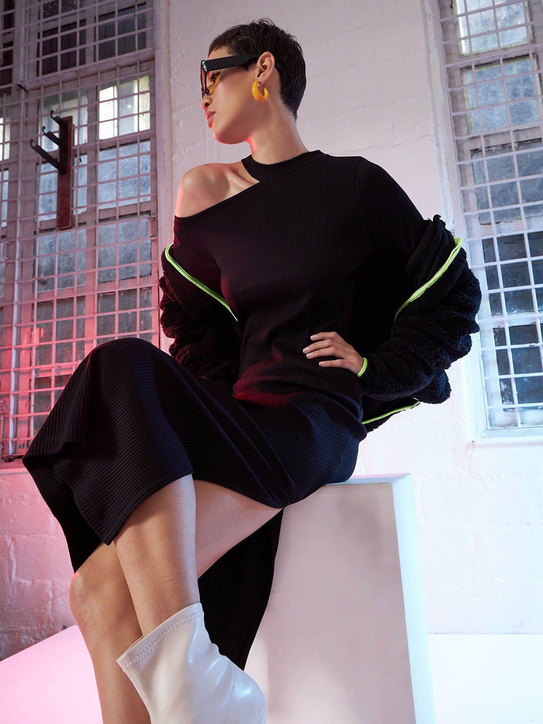 SASSAFRAS Black Round Neck Long Sleeve Cut-Outs Sheath Midi Dress