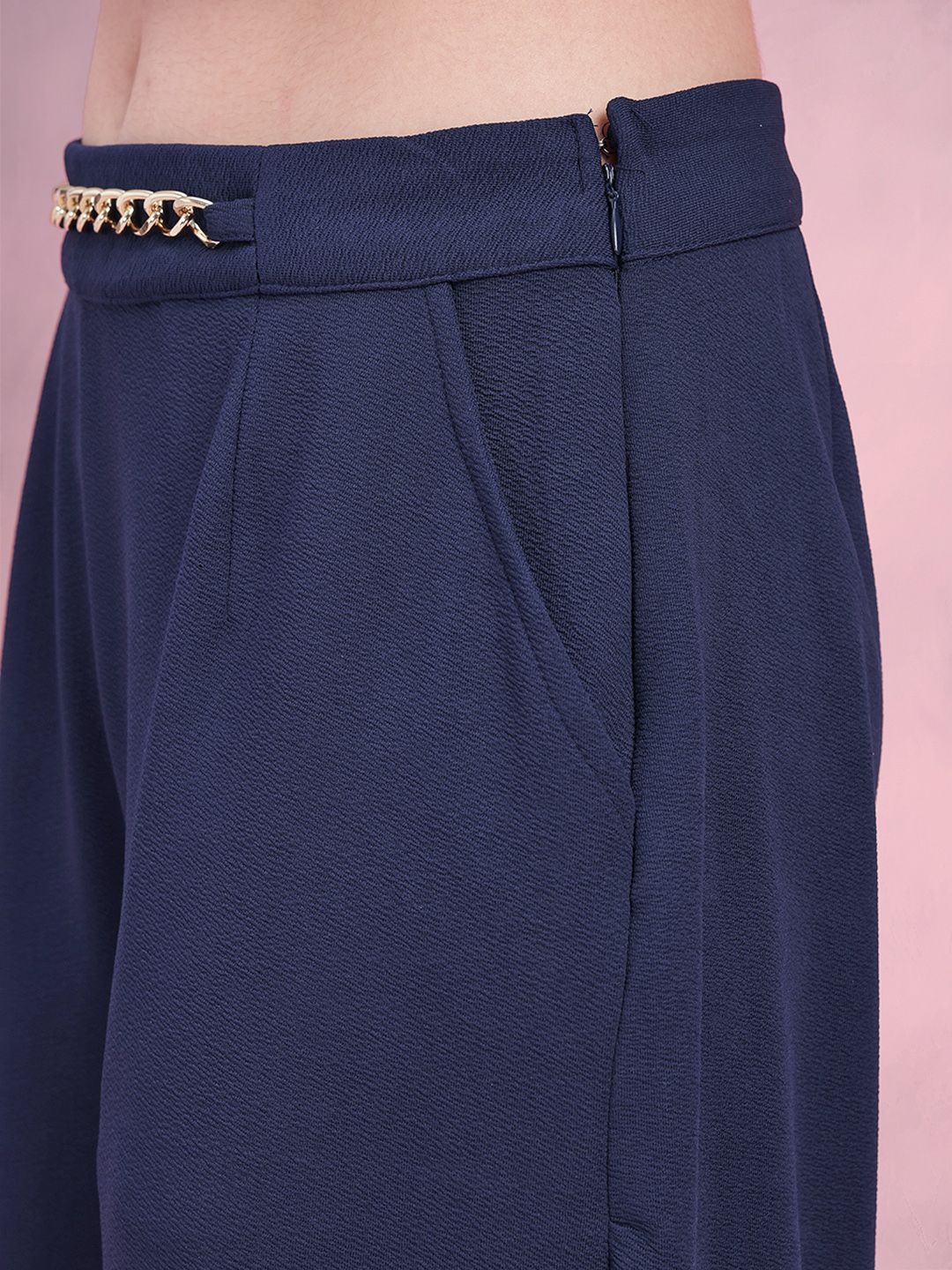 DressBerry Women Metallic Chain Detail Textured Pleated Trousers