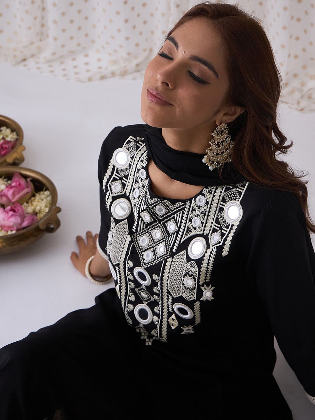 Indo Era Ethnic Embroidered Round Neck Straight Kurta with Trousers & Dupatta