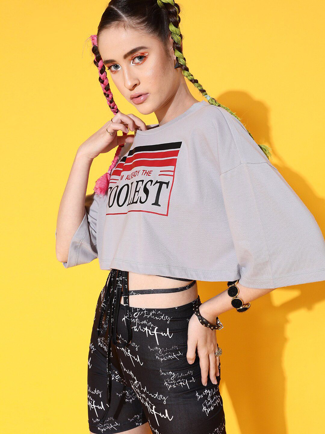 STREET 9 Women Grey Printed Cotton Drop-Shoulder Sleeves Bio Finish Boxy T-shirt