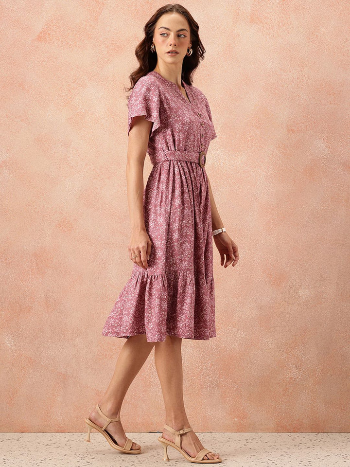 all about you Floral Print Flutter Sleeves A-Line Midi Dress with Belt