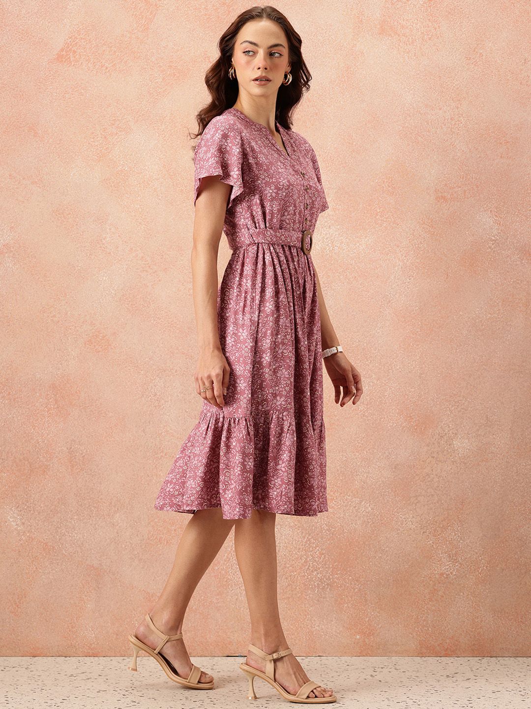 all about you Floral Print Flutter Sleeves A-Line Midi Dress with Belt