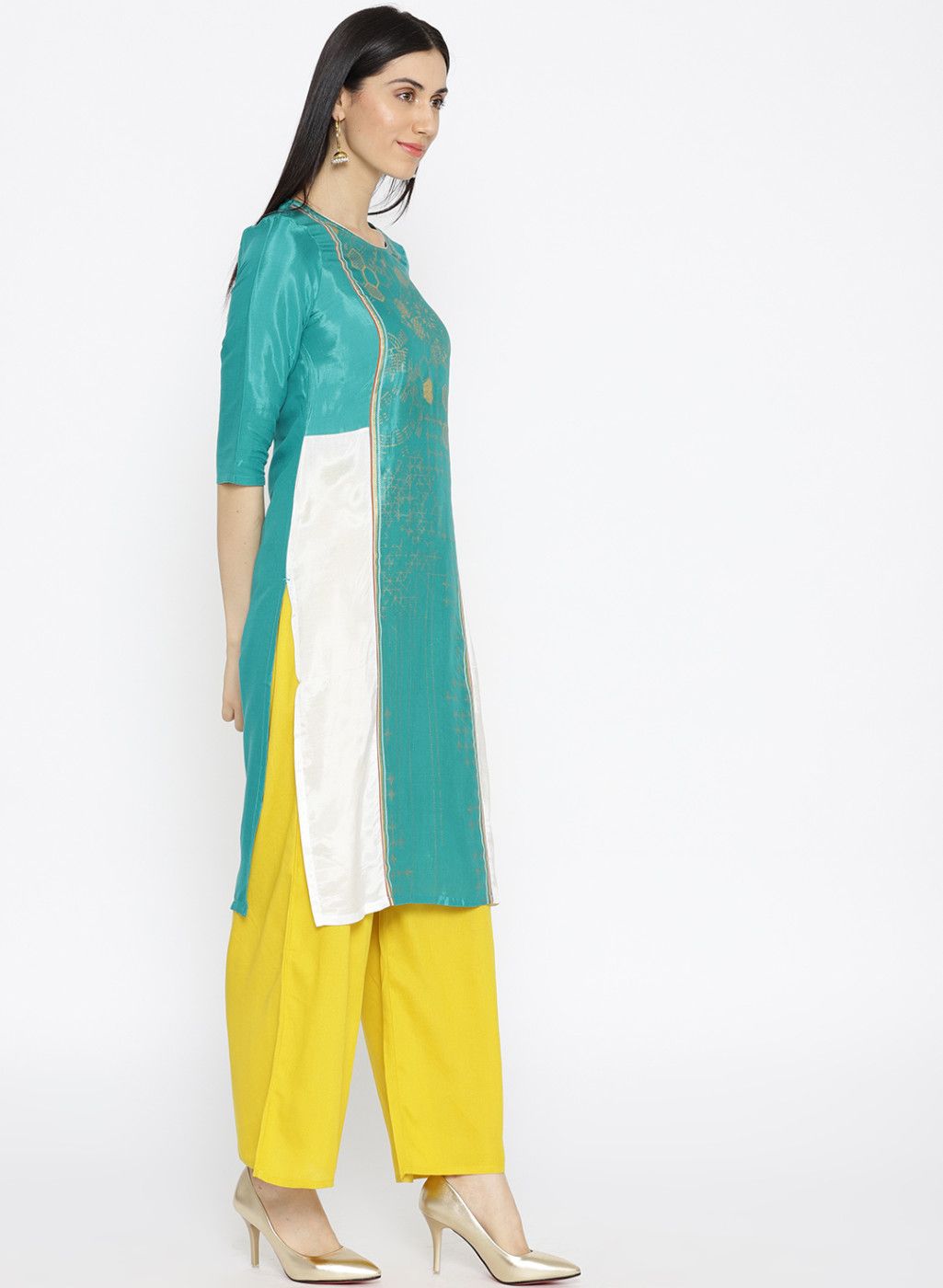 Women Green & White Printed Colourblocked Straight Kurta