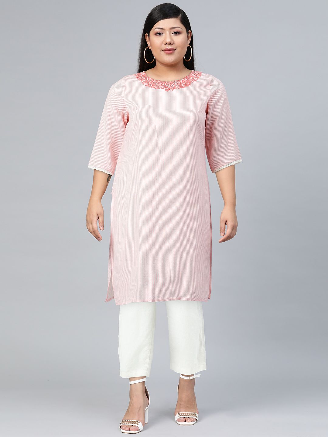 W Women Coral & White Striped Thread Work Kurta