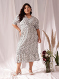 CURVY STREET White Floral Printed V-Neck Flared Fit & Flare Midi Dress