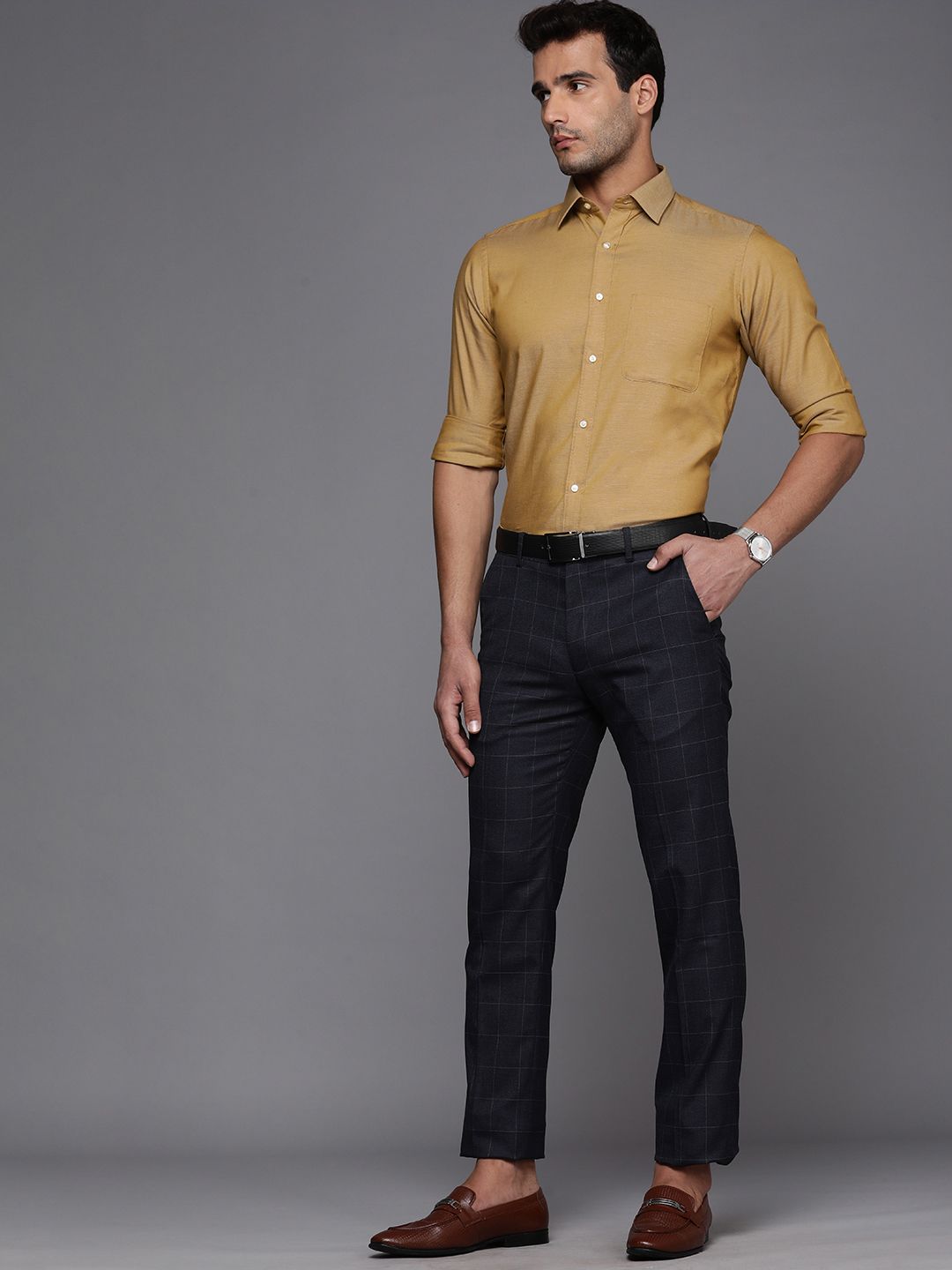 Raymond Men Khaki Solid Slim Fit Pure Cotton Formal Shirt