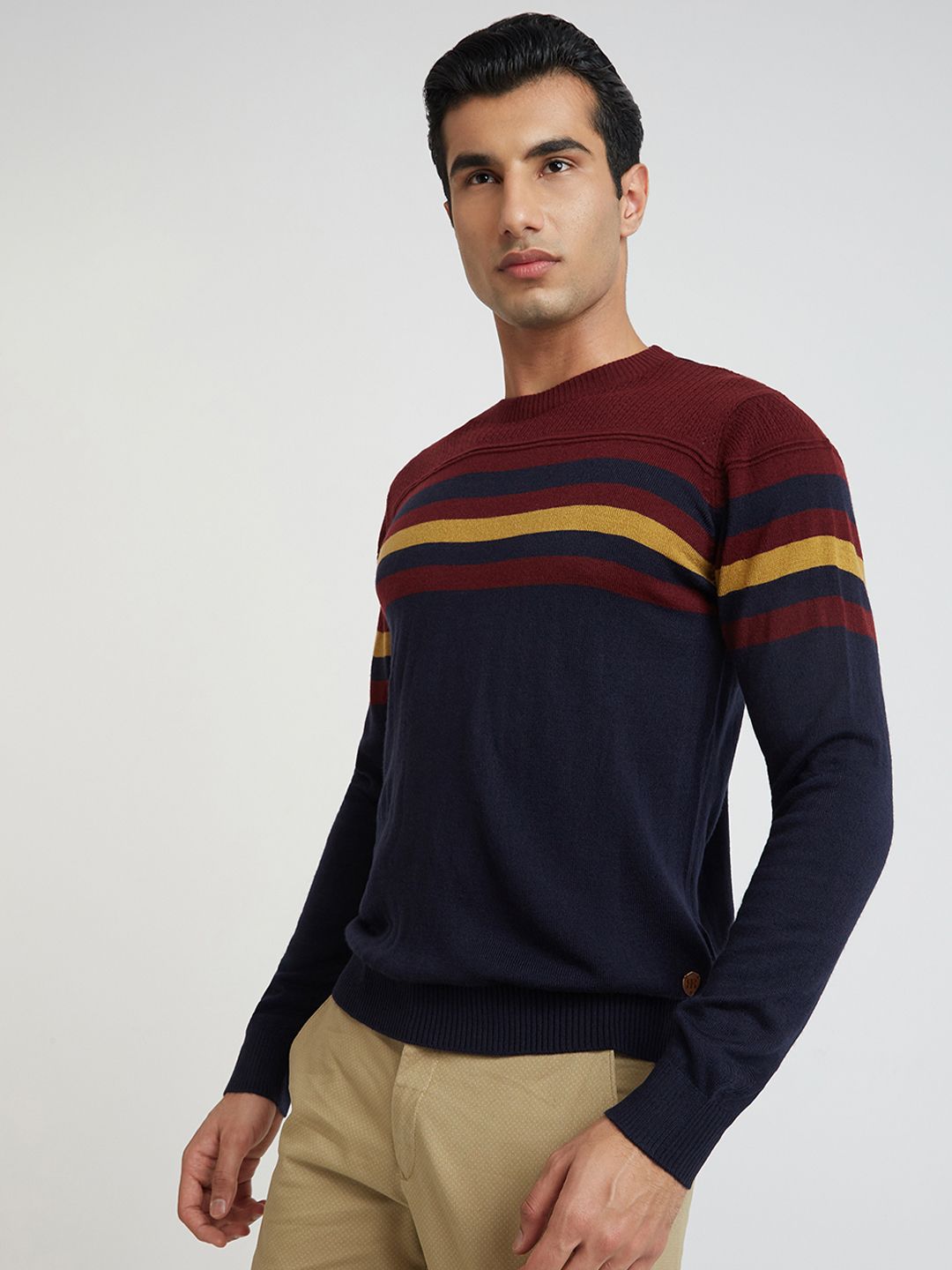 Raymond Men Navy Blue & Burgundy Striped Pullover