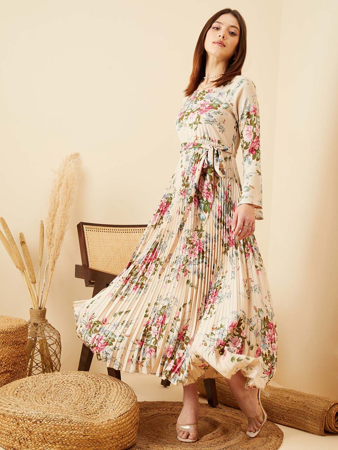 Berrylush Floral Print Bell Sleeve Crepe A-Line Maxi Dress