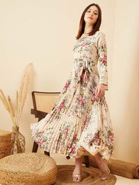 Berrylush Floral Print Bell Sleeve Crepe A-Line Maxi Dress