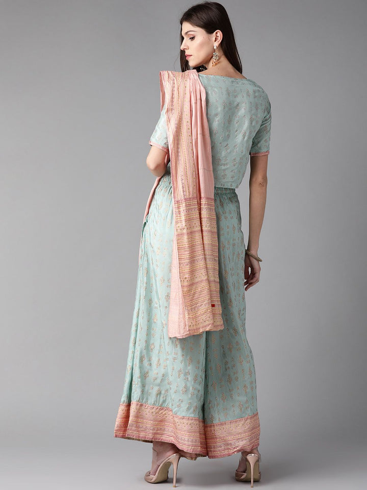W Women Blue & Peach-Coloured Printed Top with  With Attached Dupatta
