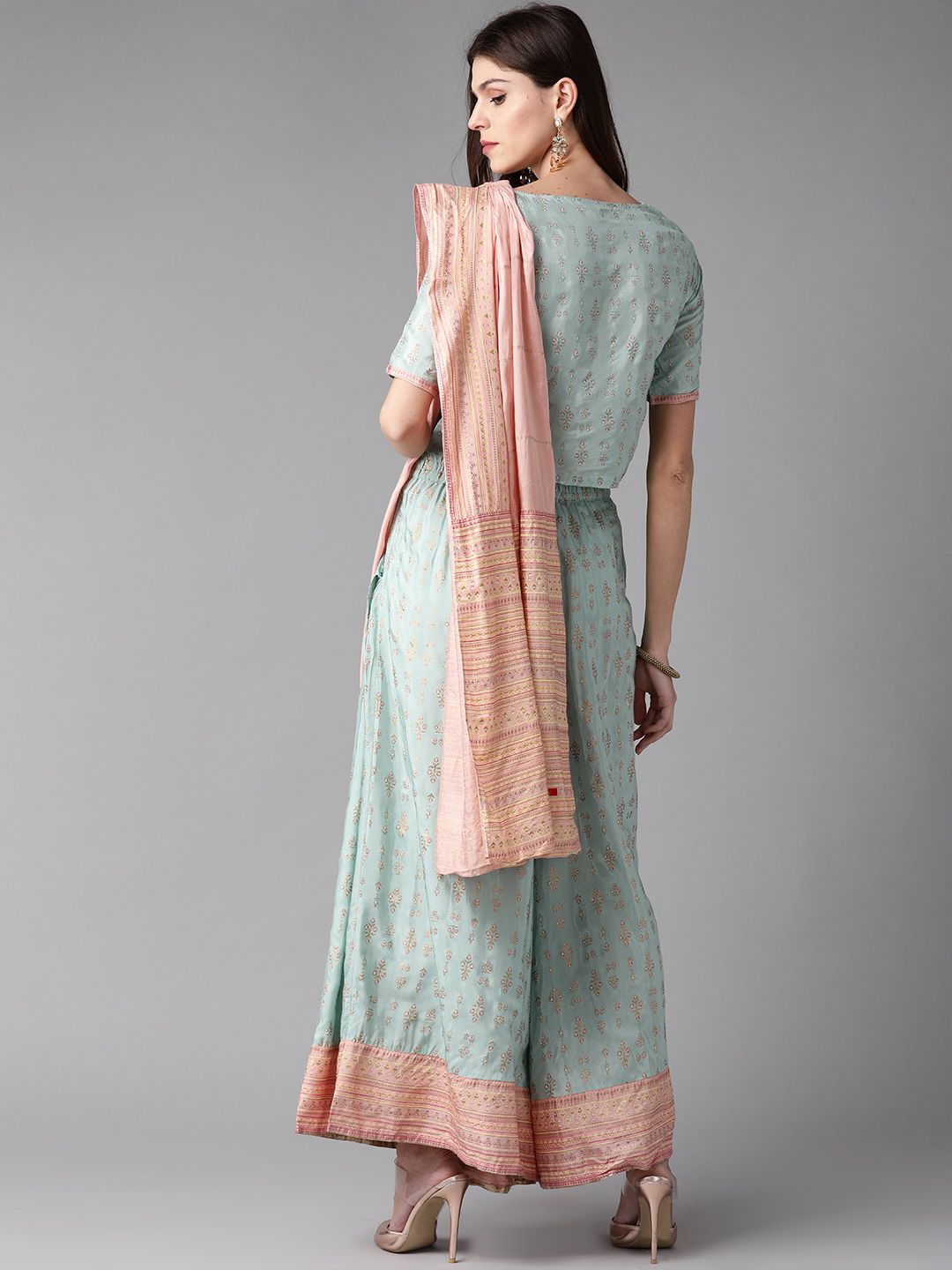W Women Blue & Peach-Coloured Printed Top with  With Attached Dupatta