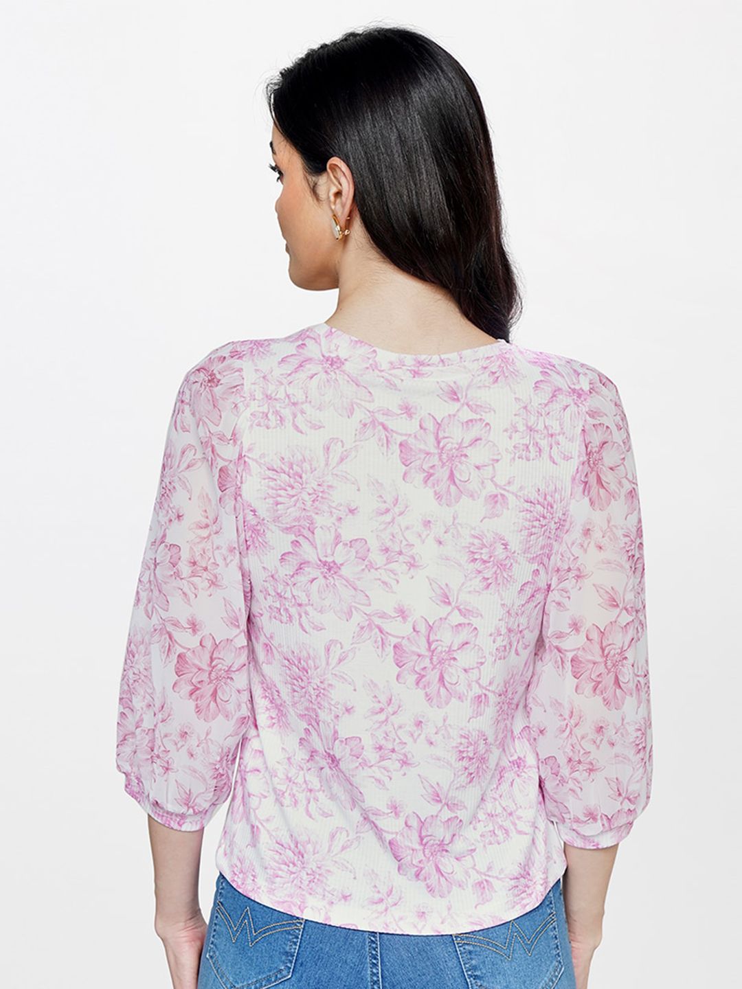 AND Round Neck Puff Sleeves Floral Ribbed Regular Top