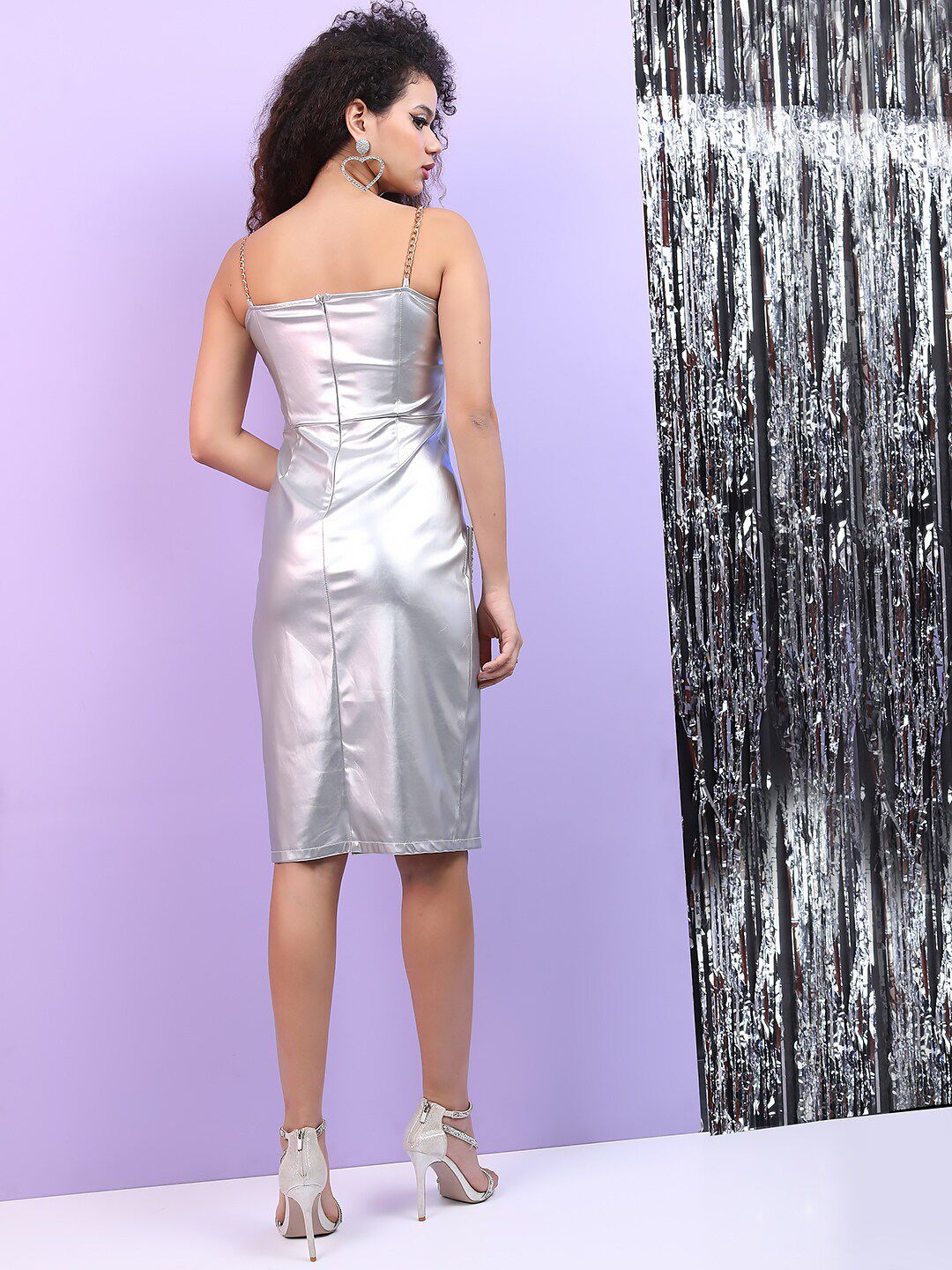 Tokyo Talkies Silver-Toned Shoulder Straps Front Slit Sheath Dress