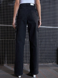 SASSAFRAS Women Black Straight Fit High-Rise Light Fade Stretchable Cargo Jeans