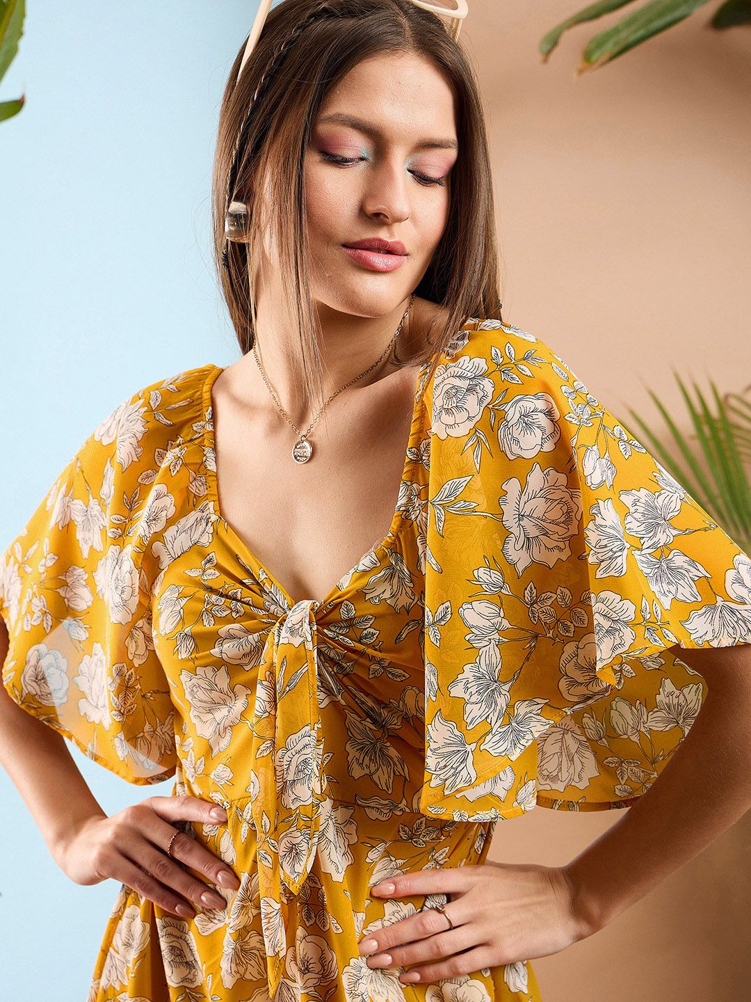 SASSAFRAS Floral Printed Flared Sleeve Front Tie Up Fit & Flare Midi Dress