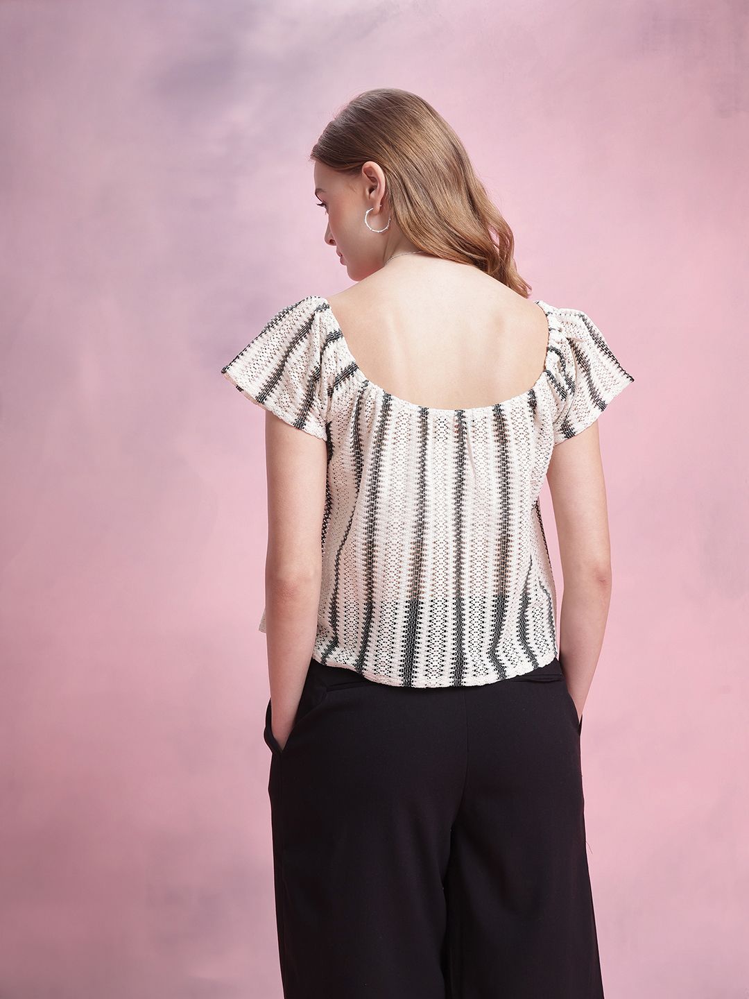 DressBerry Flutter Sleeve Crochet Boxy Top