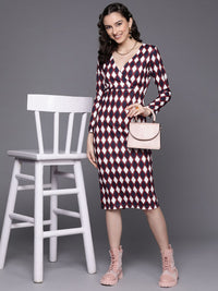 SASSAFRAS Women Navy Blue & White Printed Bodycon Midi Dress