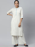 Aurelia Women Off White Geometric Print Cotton Blend Kurta Set with Palazzos
