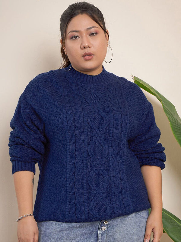 CURVY STREET Cable Knit Self Design Pullover Acrylic Sweater
