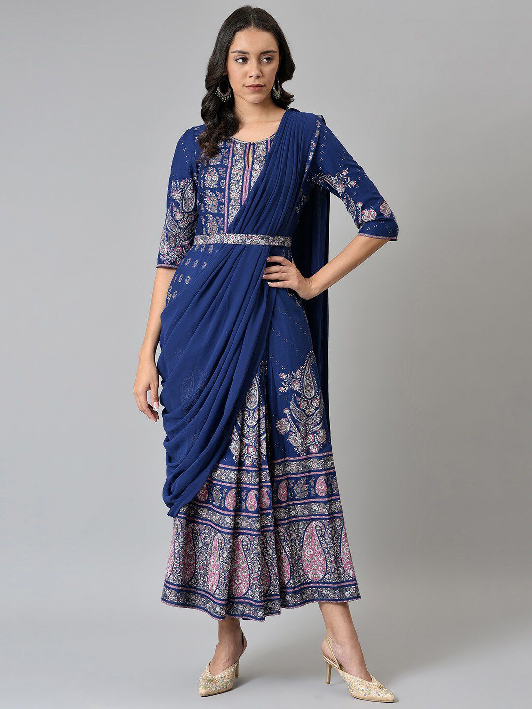 W Blue & Silver-Toned Ethnic Motifs Ethnic Maxi Dress